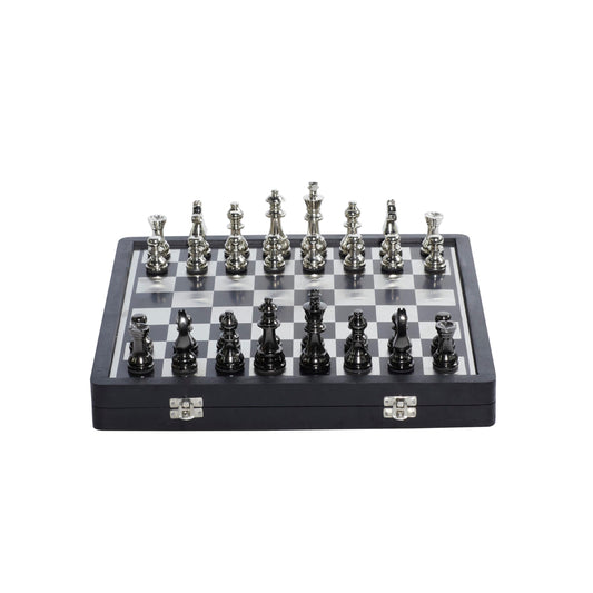 Deco 79 Aluminum Chess Game Set with Storage Compartment, 15" x 16" x 2", Black