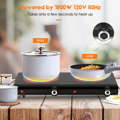 Infrared Double Burner Electric Cooktop - 1800W Portable Stove, Heat-up In Seconds, Countertop Cooktop for Dorm, Compatible with All Cookware
