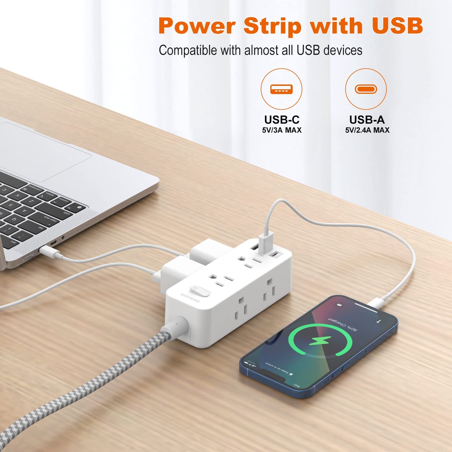 Power Strip Surge Protector, BESHON 5Ft Extension Cord, 6 Outlets with 3 USB Ports(1 USB C Outlet), 3-Side Outlet Extender, Wall Mount, Compact for Travel, Home, School, College Dorm Room and Office
