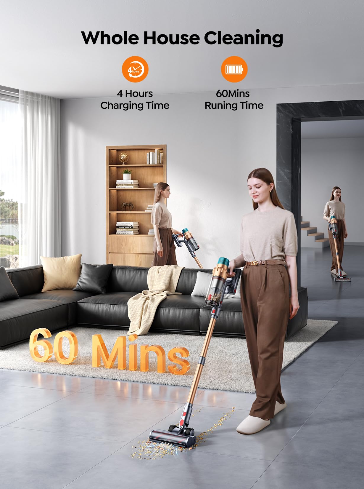 Cordless Vacuum Cleaner, 550W 45KPA 60 Mins Runtime Self-Standing Vacuum Cleaners for Home, Stick Vacuum with Charging Dock Station Removable Battery, Handheld Vacuum for Pet Hair/Carpet/Floor