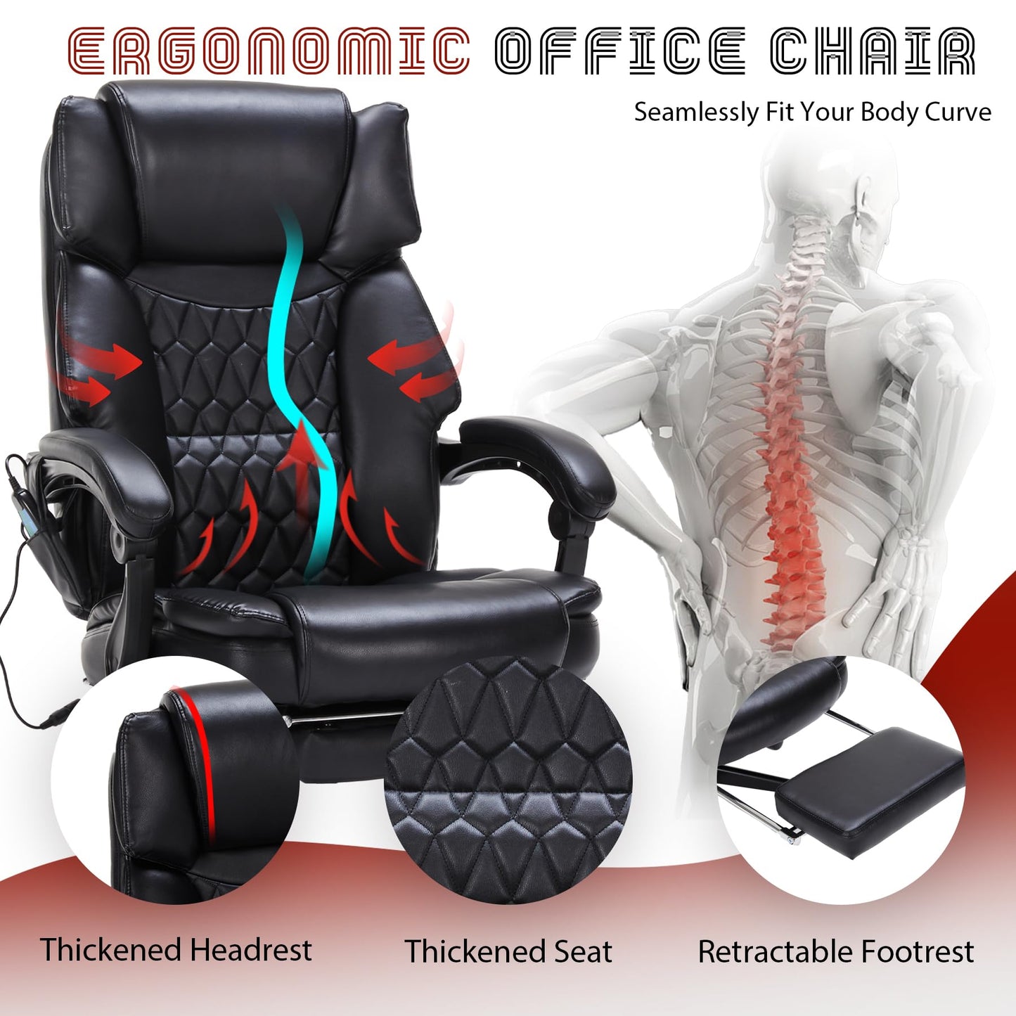 Massage Office Chair with Foot Rest 6 Points Vibration and Heat Home Office Desk Chairs for Heavy People 400lbs Reclining Managerial Chairs Ergonomic Executive Chair (Black)
