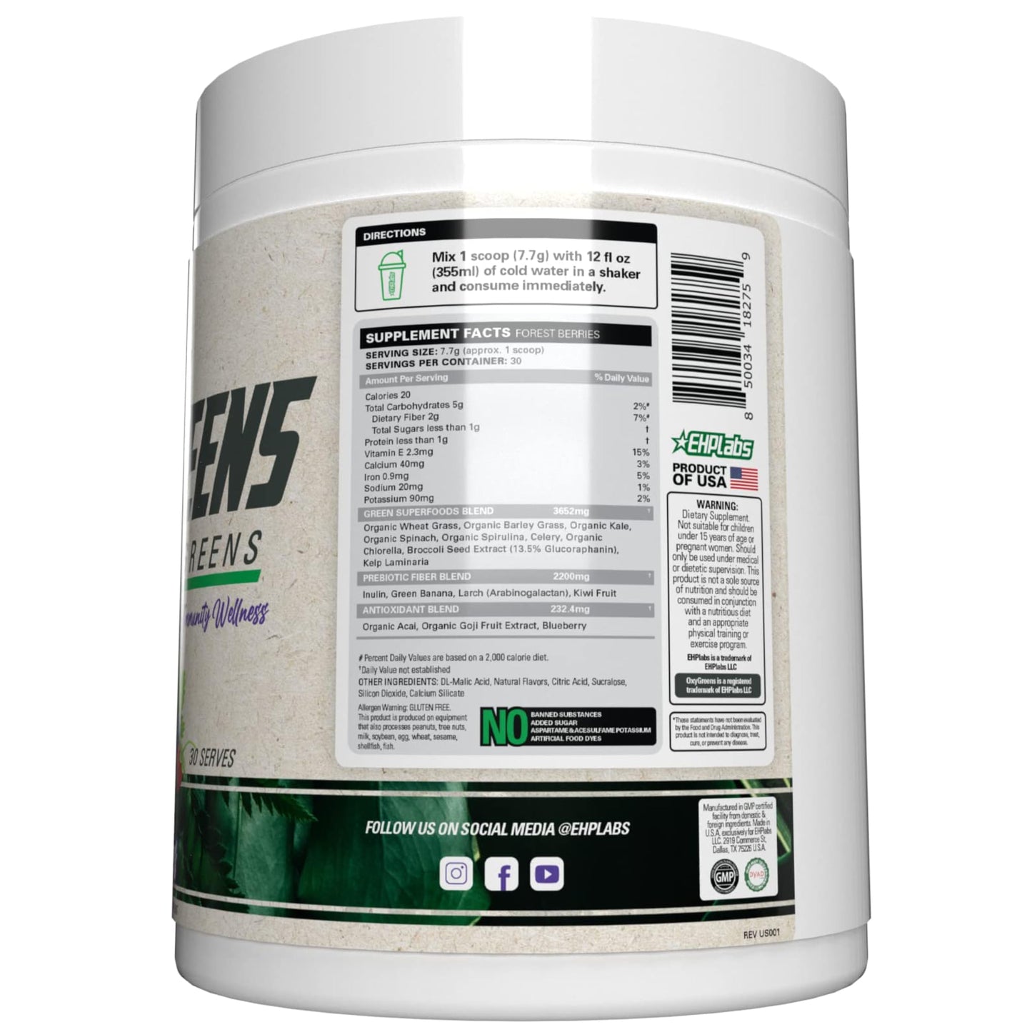 EHP Labs OxyGreens Super Greens Powder - Daily Greens Spirulina, Greens Superfood Powder & Greens Supplements Powder, Supergreens Antioxidants & Immunity Support, 30 Serves (Forest Berries)