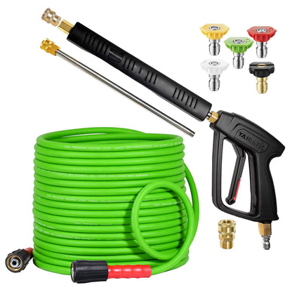 YAMATIC Pressure Washer Gun and Hose, 50 FT Flexible Hose with Stainless Steel Extension Power Washer Wand, 3/8" Swivel Quick Connect & M22-14mm Adapter Replacement for Ryobi Simpson Honda (Green)