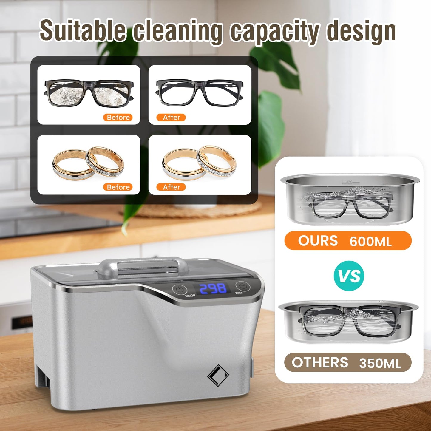 LifeBasis Jewelry Cleaner, Professional Ultrasonic Cleaning Machine 20 Ounces (600ML) Sonic Cleaner with Digital Timer, Watch Holder Glasses Cleaner for Ring, Coin, Watch, Gold Cleaning - Silver