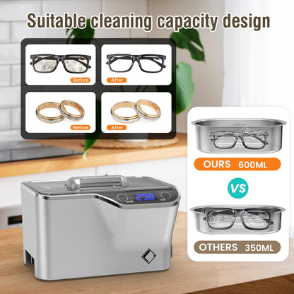LifeBasis Jewelry Cleaner, Professional Ultrasonic Cleaning Machine 20 Ounces (600ML) Sonic Cleaner with Digital Timer, Watch Holder Glasses Cleaner for Ring, Coin, Watch, Gold Cleaning - Silver