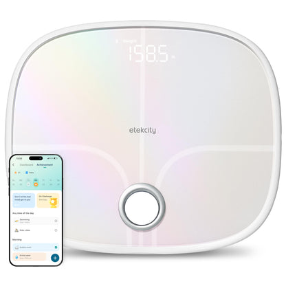 Etekcity Smart Rechargeable Scale for Body Weight, BMI, Fat, Muscle Mass, Digital Bathroom Scale with 13 Metrics, Secret Mode, Bluetooth Connect to Free Apps, Rainbow White