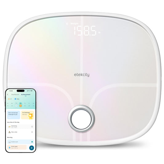Etekcity Smart Rechargeable Scale for Body Weight, BMI, Fat, Muscle Mass, Digital Bathroom Scale with 13 Metrics, Secret Mode, Bluetooth Connect to Free Apps, Rainbow White