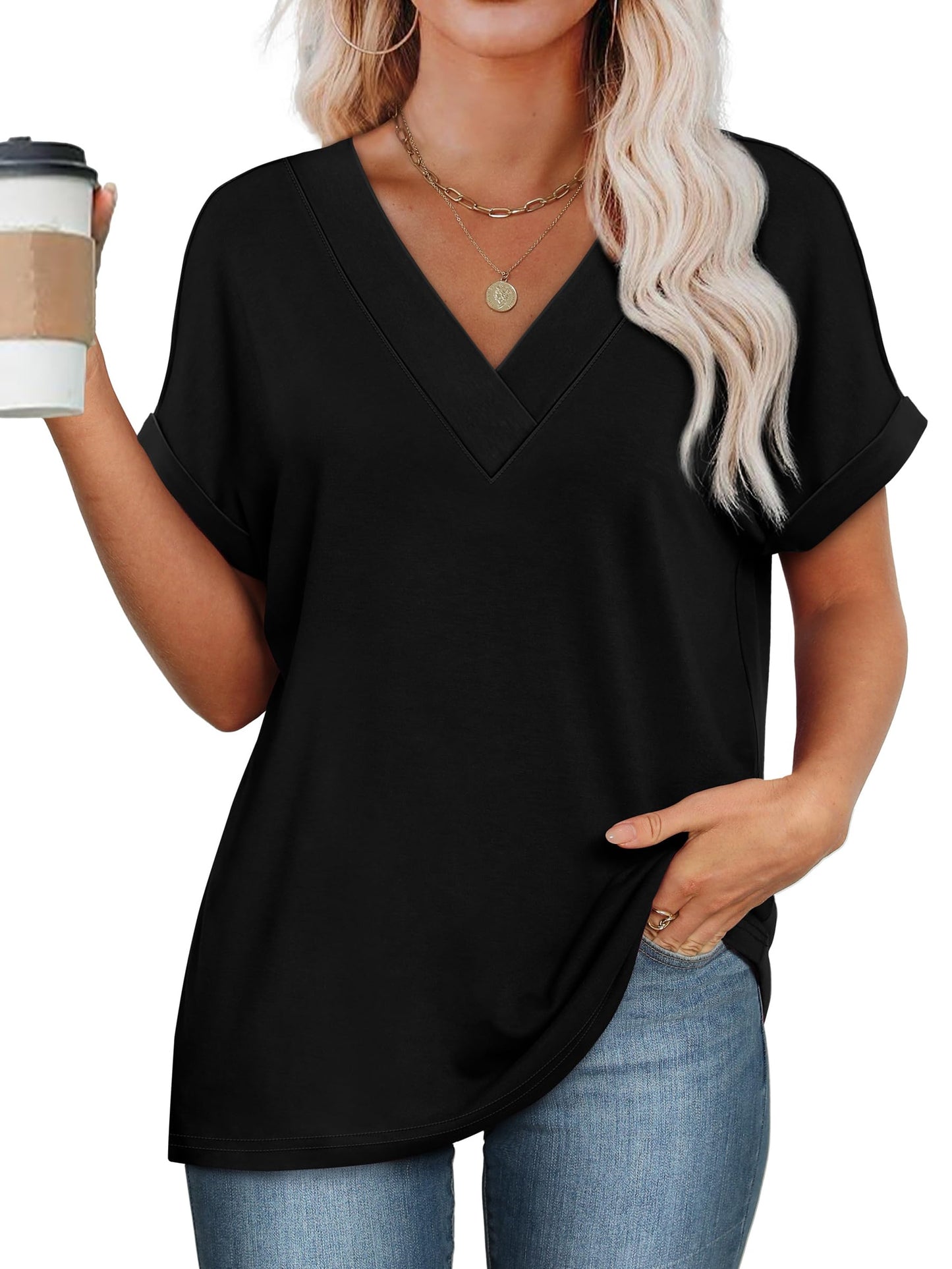 WIHOLL Plus Size Spring Clothes for Women 2025 Summer Trendy Short Sleeve Shirts V Neck Gym Yoga Workout Black 2XL