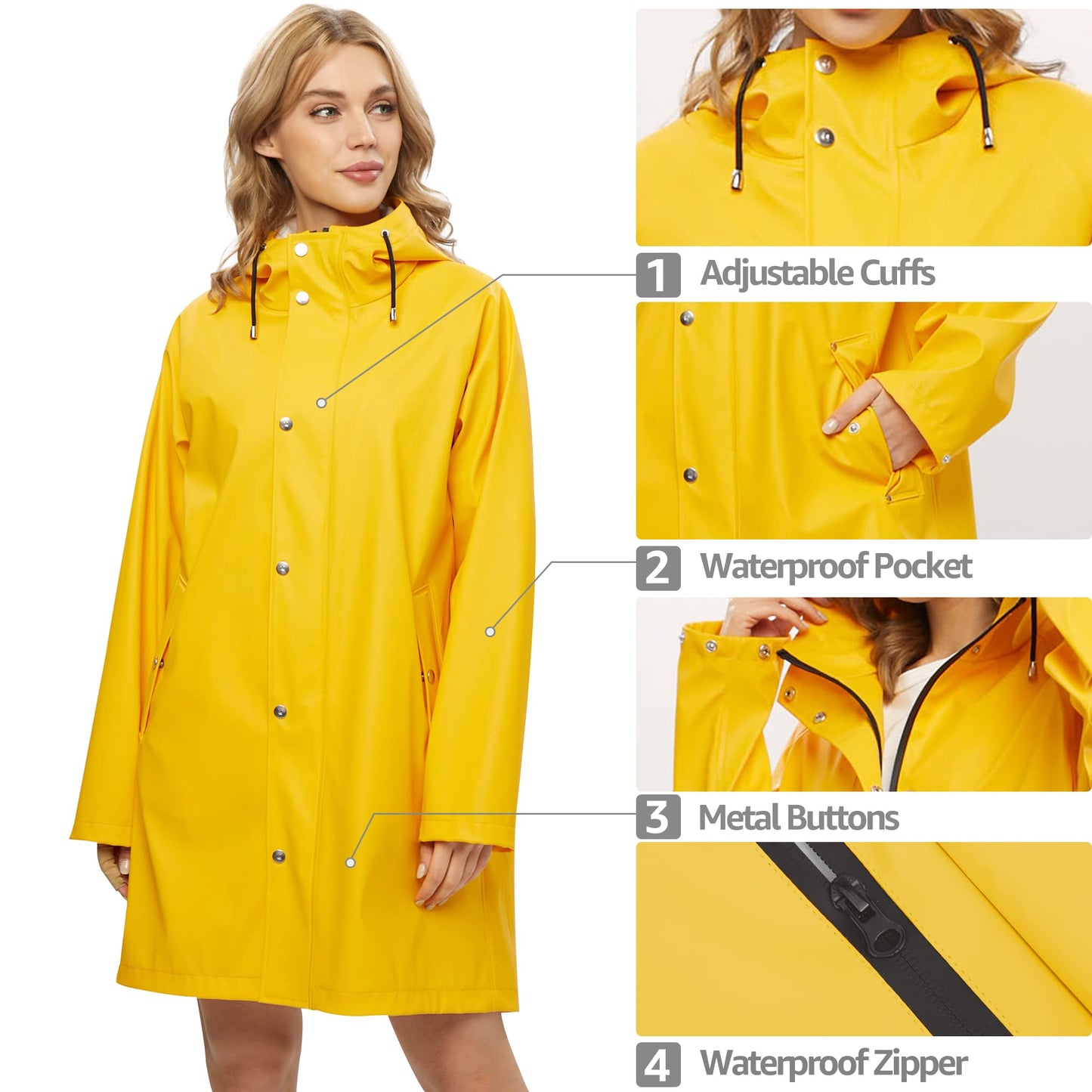 UNIQUEBELLA Upgrade Rain Jackets for Women Waterproof, Raincoat Long Hooded Rain Coats Outdoor Windbreaker Trench Coat