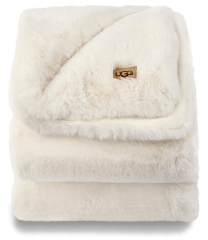 UGG 16796 Euphoria Plush Faux Fur Reversible Throw Blanket for Couch or Bed Luxury Hotel Style Machine Washable Soft Cozy Home Decor Fuzzy Fluffy Sofa Blanket, 70 x 50-Inch, Snow