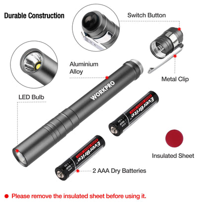 WORKPRO LED Pen Light, Aluminum Pen Flashlights, Pocket Flashlight with Clip for Inspection, Emergency, Everyday, 8AAA Batteries Include, Gray(4-Pack)