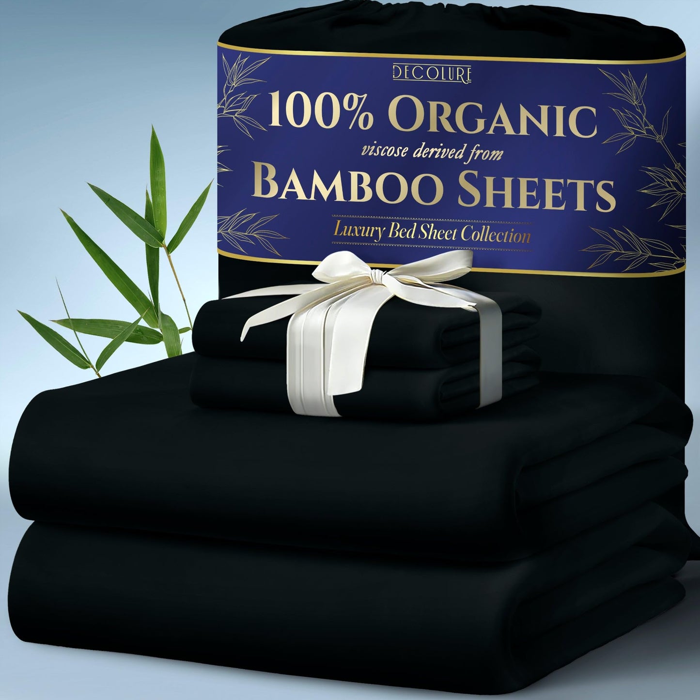 DECOLURE 100% Organic Viscose Derived from Bamboo Sheets Full Size 4pcs - Ultra Soft & Luxuriously Cooling, 17" Deep Pocket, Double Stitching, Perfect for Hot Sleepers - Full Bed Sheets (Black)