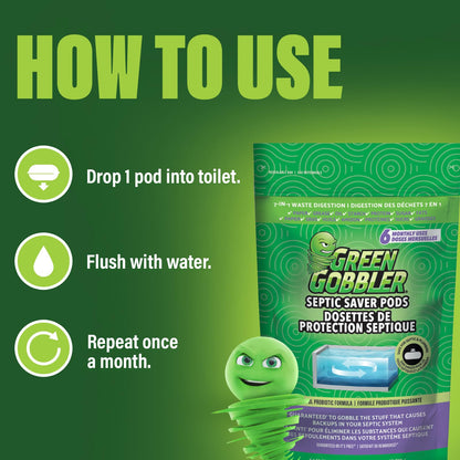Green Gobbler Septic Tank Treatment Packets, 12 Month Supply - Natural Bacteria to Prevent Costly Septic Issues, Back-Ups, Foul Odor | Pod: Color May Vary