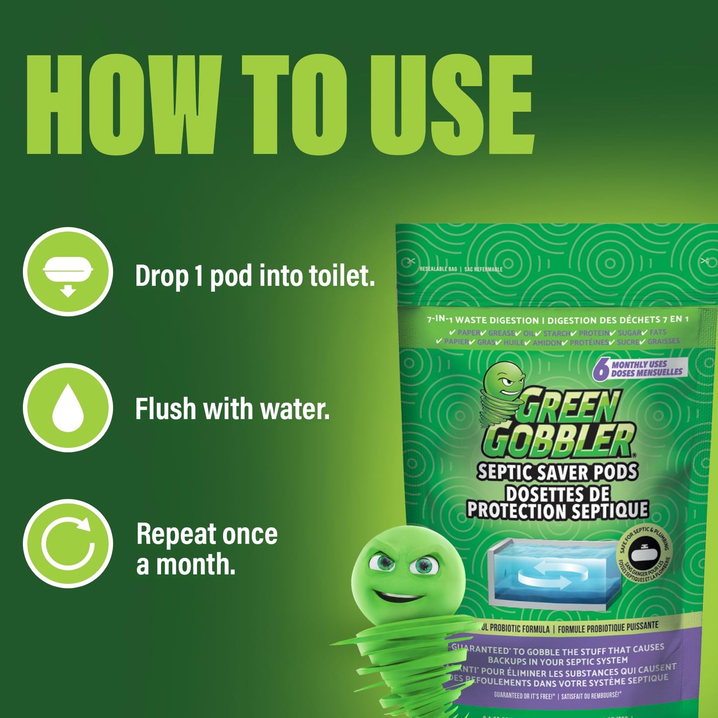 Green Gobbler Septic Tank Treatment Packets, 12 Month Supply - Natural Bacteria to Prevent Costly Septic Issues, Back-Ups, Foul Odor | Pod: Color May Vary