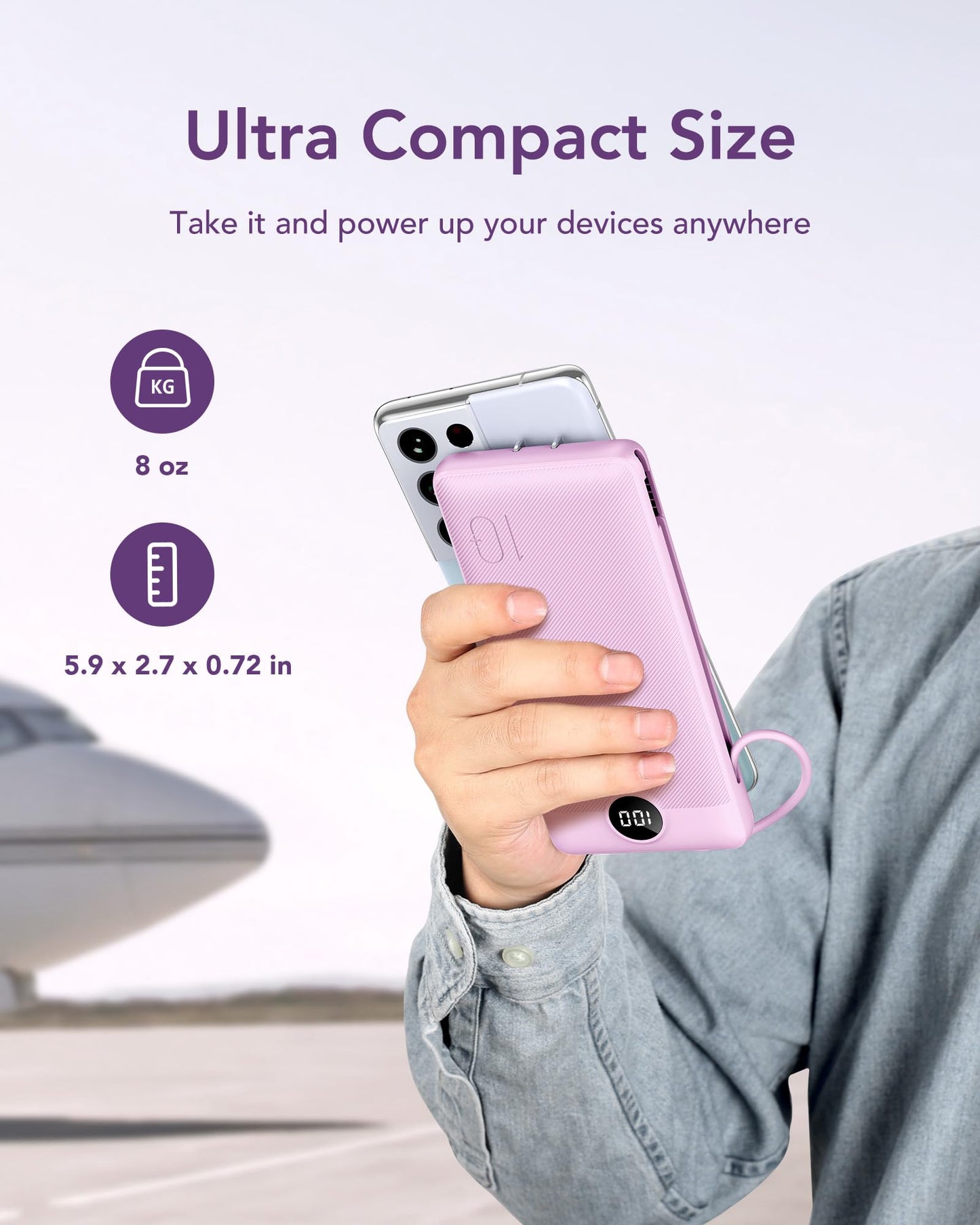 VEGER Portable Charger with Built-in AC Plug and Cables, All in One 10000mAh Ultra Slim Power Bank Travel Essentials, 15W Fast Charging Battery Pack Compatible with iPhone, Samsung, Android (Purple)