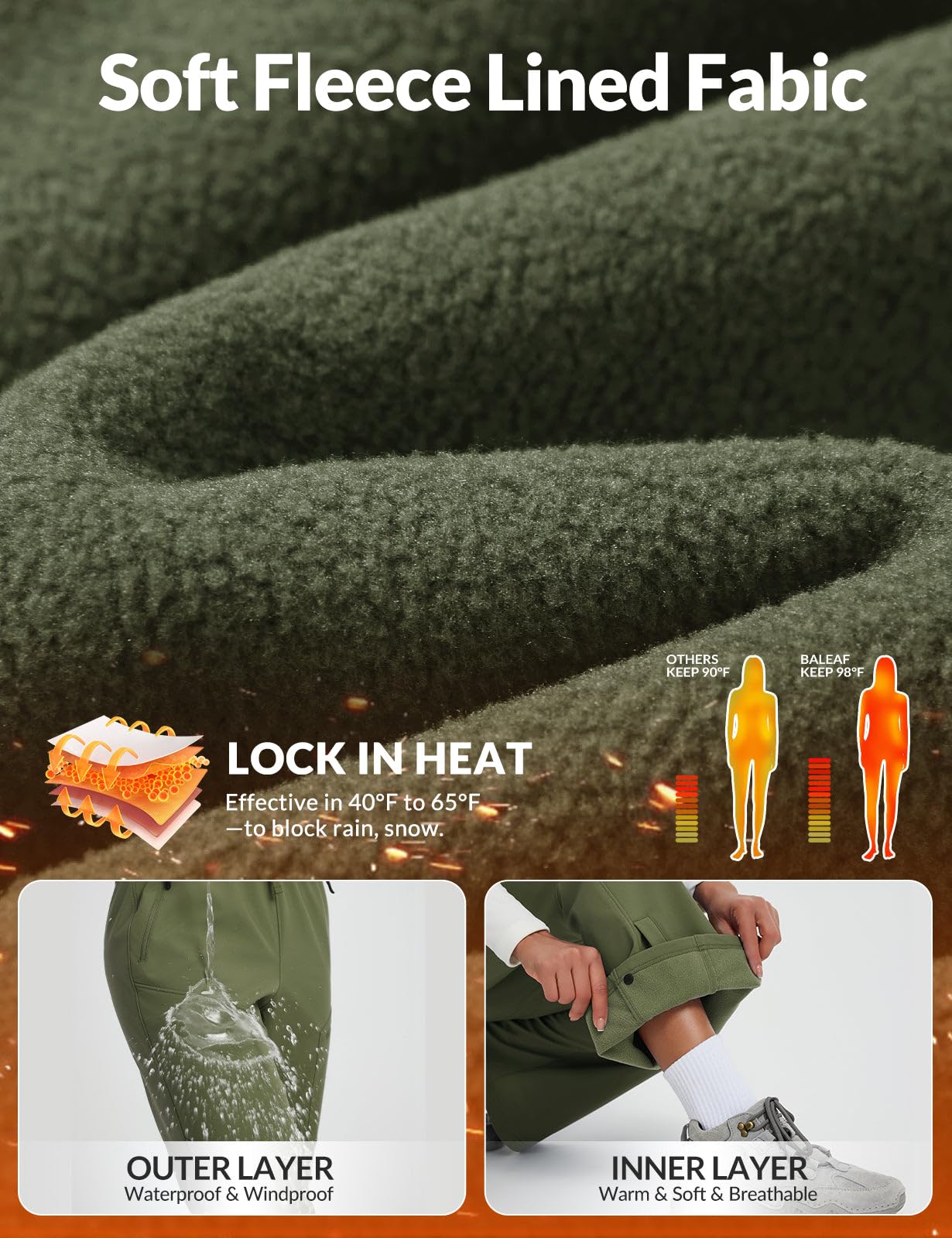 baleaf Women's Snow Ski Pants Waterproof Hiking Fleece Lined Pants Pockets Thermal Warm Insulated Softshell Army Green M