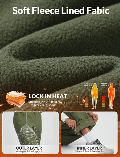 baleaf Women's Snow Ski Pants Waterproof Hiking Fleece Lined Pants Pockets Thermal Warm Insulated Softshell Army Green M