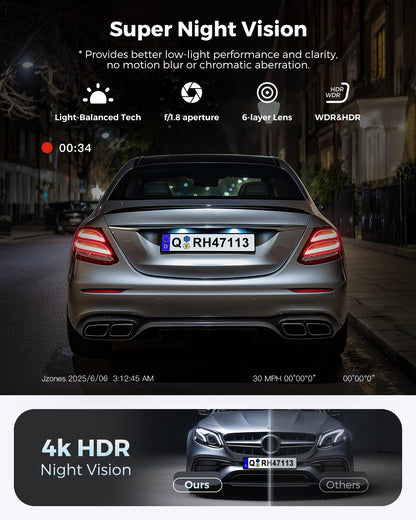 Dash Cam Front and Rear: 4K+1080P FHD Dual Dash Camera for Cars with Night Vision, 2 Channel HDR Dash Camera, 24H Parking Mode Car Camera, Built-in GPS, WiFi 6, Free 64GB Card