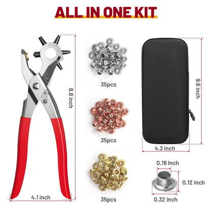 NEU MASTER 2 in 1 Leather Hole Punch Eyelet Tool Kit, 3/16" 4.5mm Revolving Hole Puncher, Eyelet Pliers, Metal Eyelets for Fabric Shoes Leather Clothes Belt