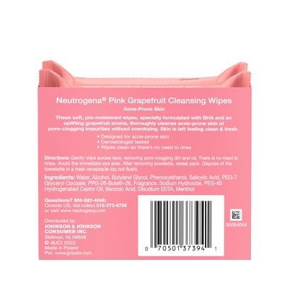 Neutrogena Makeup Remover Wipes, Facial Cleansing Wipes Suitable for Oily & Acne Prone Skin, Wipes Away Bacteria, Dirt & Oil, Scented Facial Wipes with Pink Grapefruit Extract, 50 Count