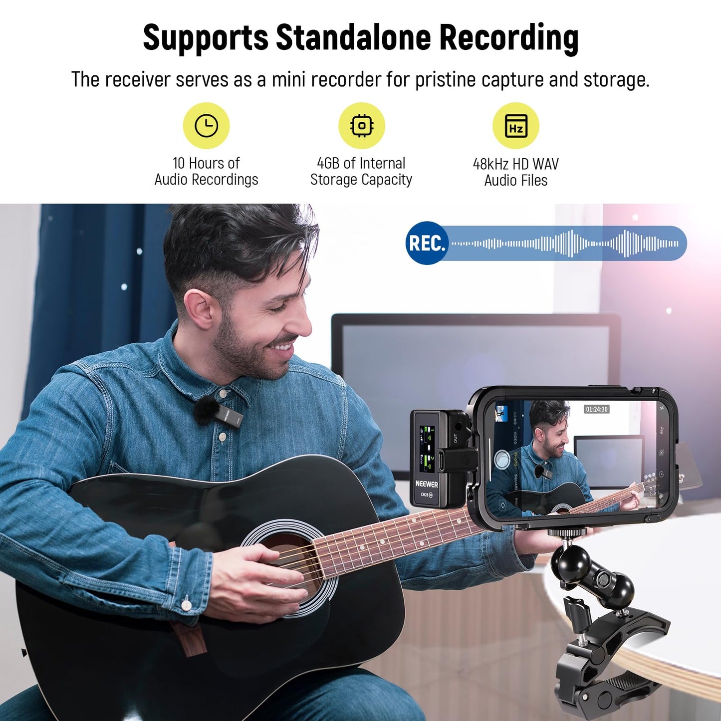 NEEWER CM28 Wireless Lavalier Microphone System with Charging Case Noise Canceling 4GB Storage 9Hrs Recording 48KHz 16 Bit Uncompressed Audio Lapel Mic Compatible with iPhone iPad Android PC Camera