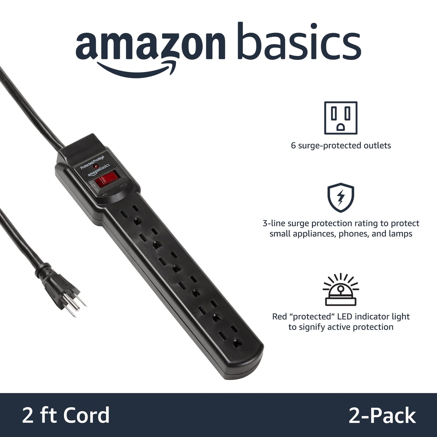 Amazon Basics 6-Outlet, 200 Joule Surge Protector Power Strip, 2 Foot, Black - Pack of 2