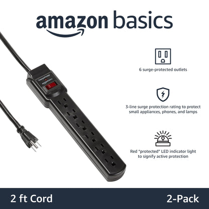 Amazon Basics 6-Outlet, 200 Joule Surge Protector Power Strip, 2 Foot, Black - Pack of 2