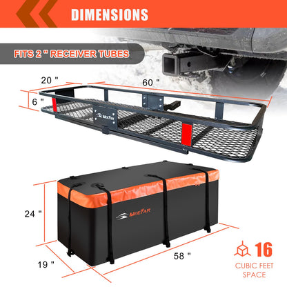 MeeFar Folding Hitch Mount Cargo Carrier Basket 60" X 20" X 6"+Waterproof Cargo Bag 16 Cubic Feet(58" 19" 24"),Hauling Weight Capacity of 500 Lbs and A Folding Arm.with Hitch Stabilizer,Net and Straps