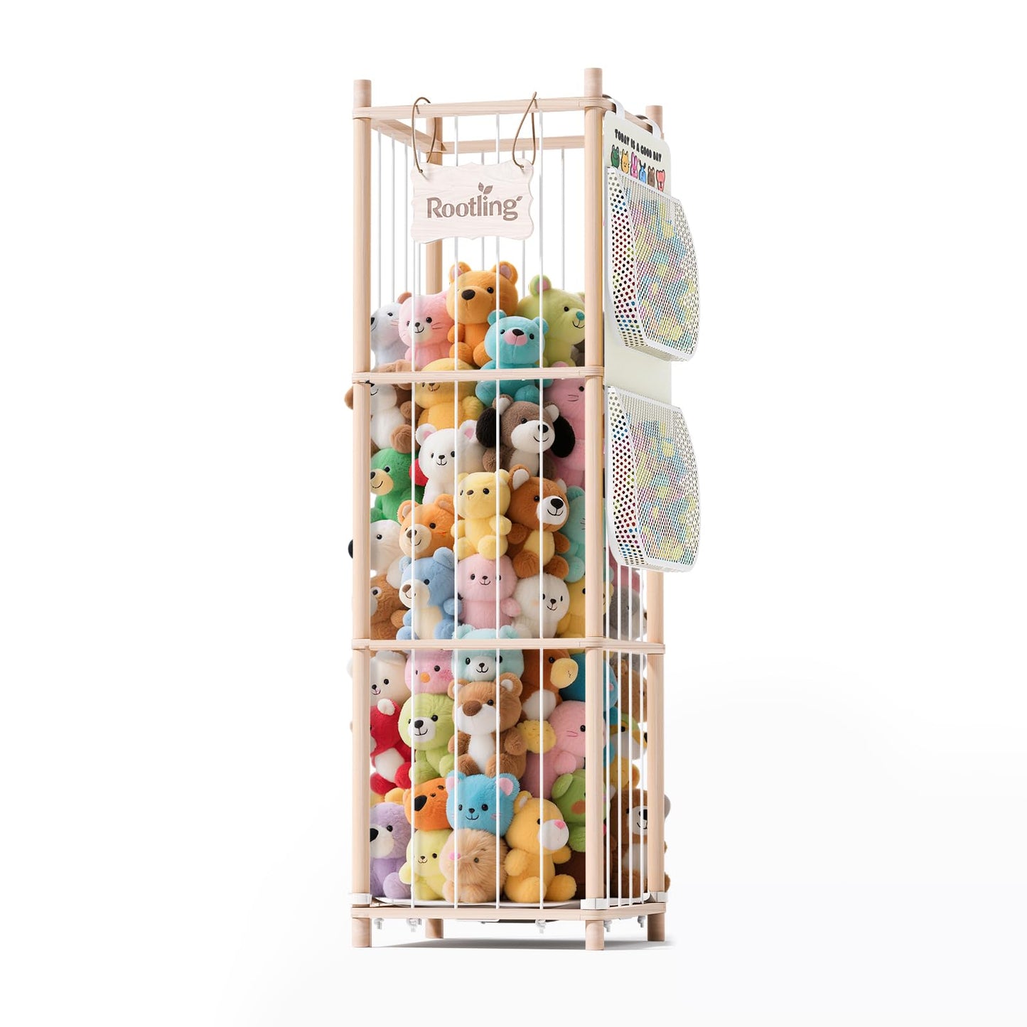 Stuffed Animals Storage & Organizer, 54 inch Tall Wooden Cute Zoo Toy Holder w/Building Block Storage Bag, Premium Wooden Material with Elastic Cord For Toddler Rooms, Playrooms & Bedrooms