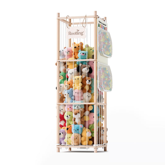 Stuffed Animals Storage & Organizer, 54 inch Tall Wooden Cute Zoo Toy Holder w/Building Block Storage Bag, Premium Wooden Material with Elastic Cord For Toddler Rooms, Playrooms & Bedrooms