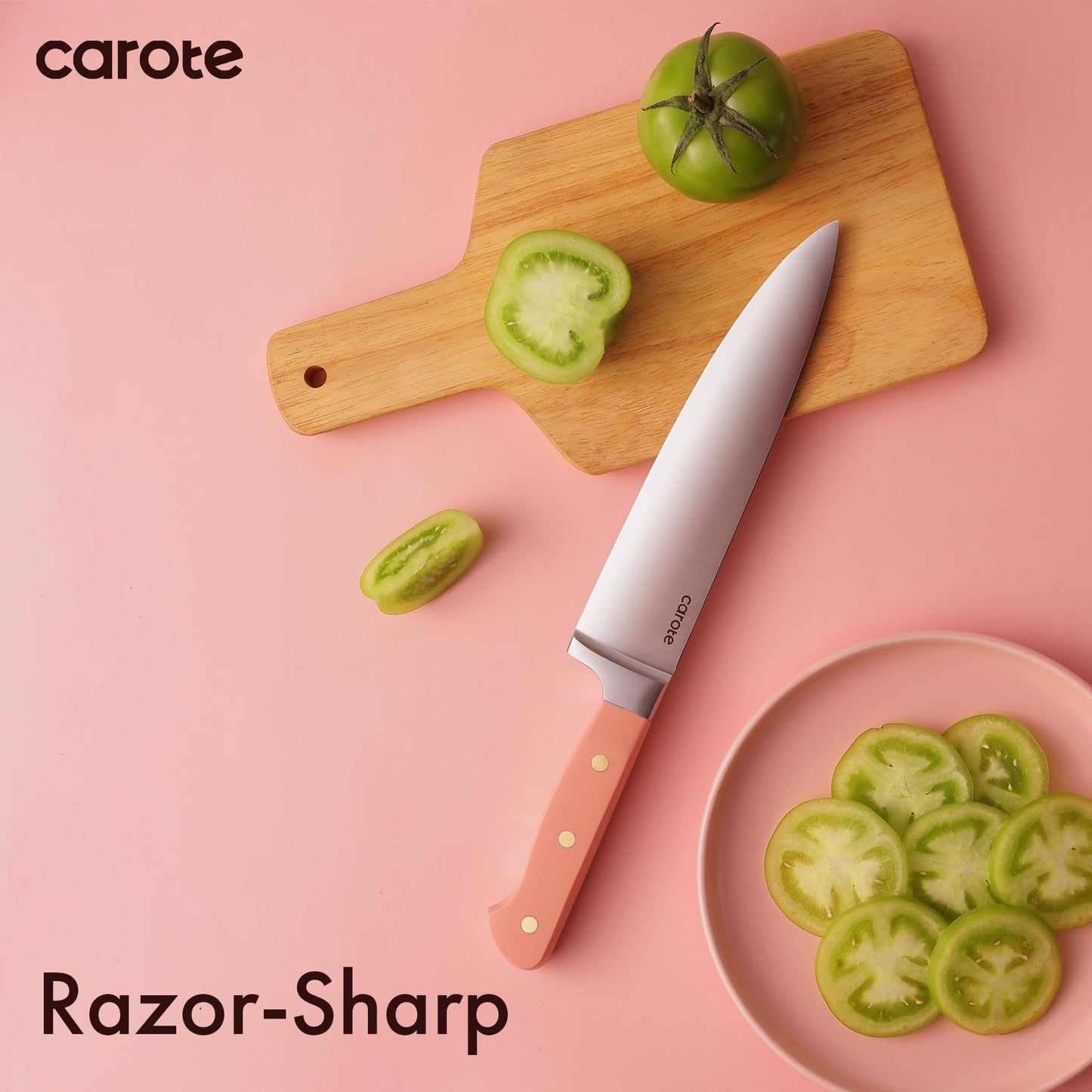 CAROTE 11 Pieces Knife Set with Block for kitchen, Stainless Steel Razor-Sharp Blade, Triple Riveted Ergonomic Handle, Wooden Magnetic Block, Essential Knife Block Set, Pink