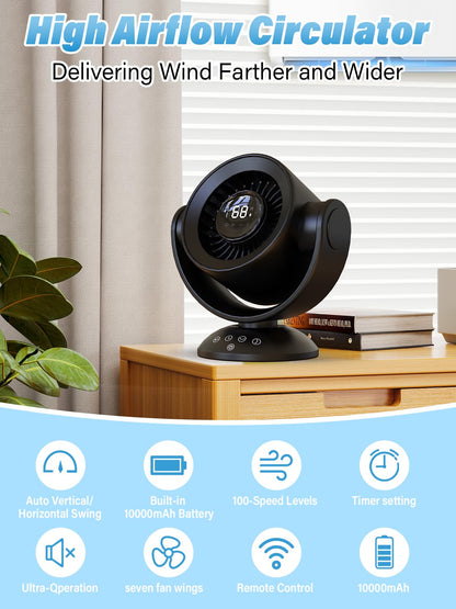 SECHKISS Desk Fans for Bedroom，9-Inch Air Circulator Fan，90°Vertical +120°Auto Oscillating,100 Speeds, 10H Timer, Quiet Fan,Digital Display Rechargeable USB, with Remote, for Home, Office（Black）