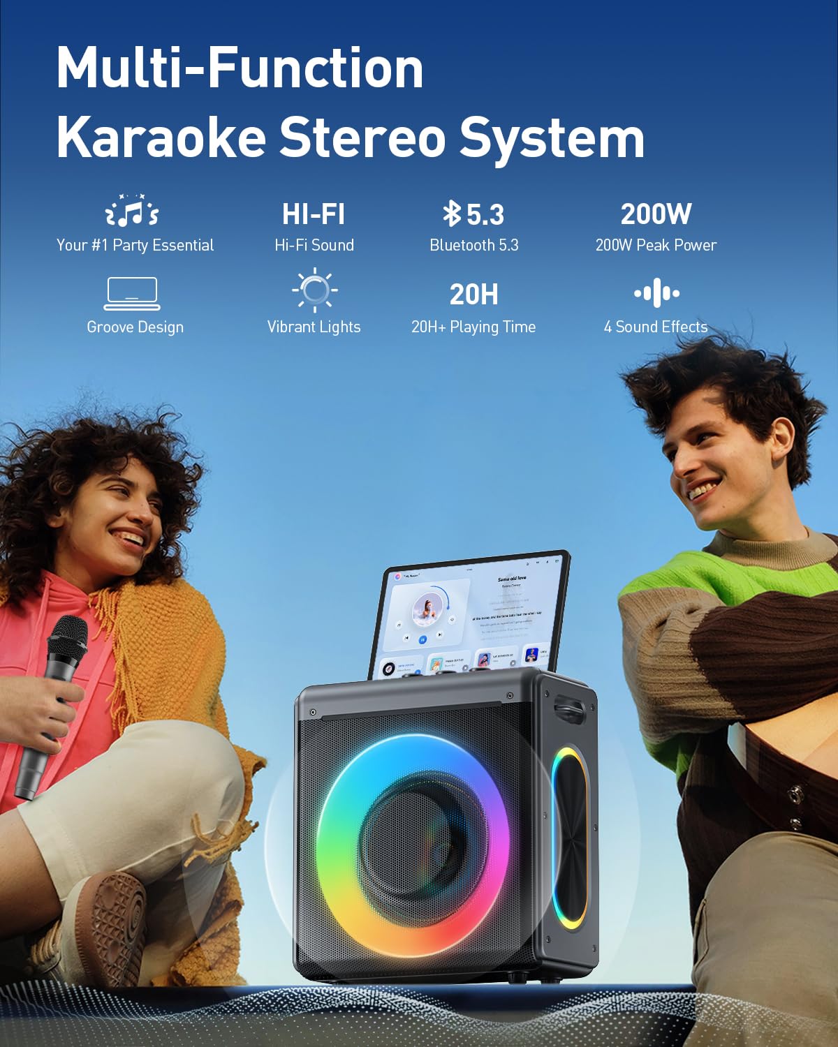Karaoke Machine with 2 Wireless Rechargeable Microphones: Portable Bluetooth Speaker for Adults & Kids - PA System with Lights Supports TWS/TF Card/USB/AUX for Home Party