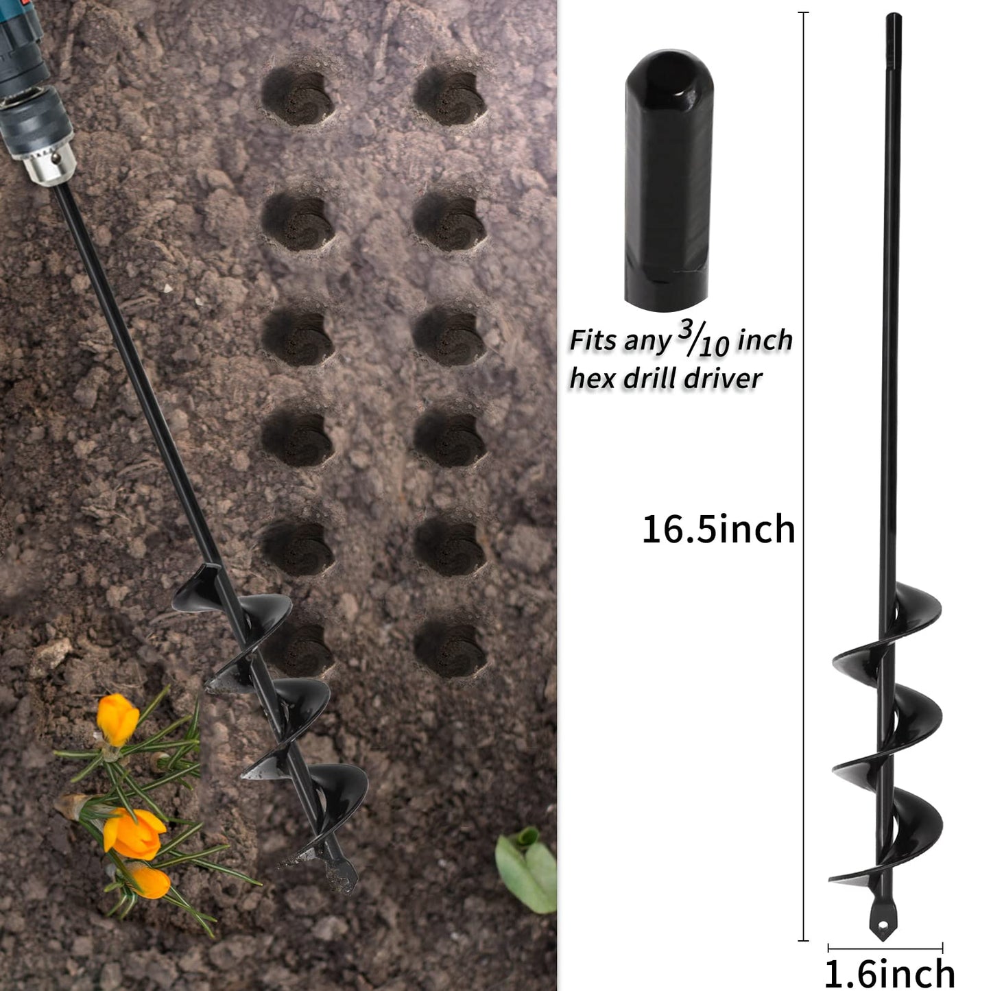 TCBWFY Auger Drill Bit for Planting 1.6x16.5inch Extended Length Garden Auger Spiral Drill Bit for Planting Bulbs Flowers Planting Auger for Drill Post Hole Digger for 3/8”Hex Drill