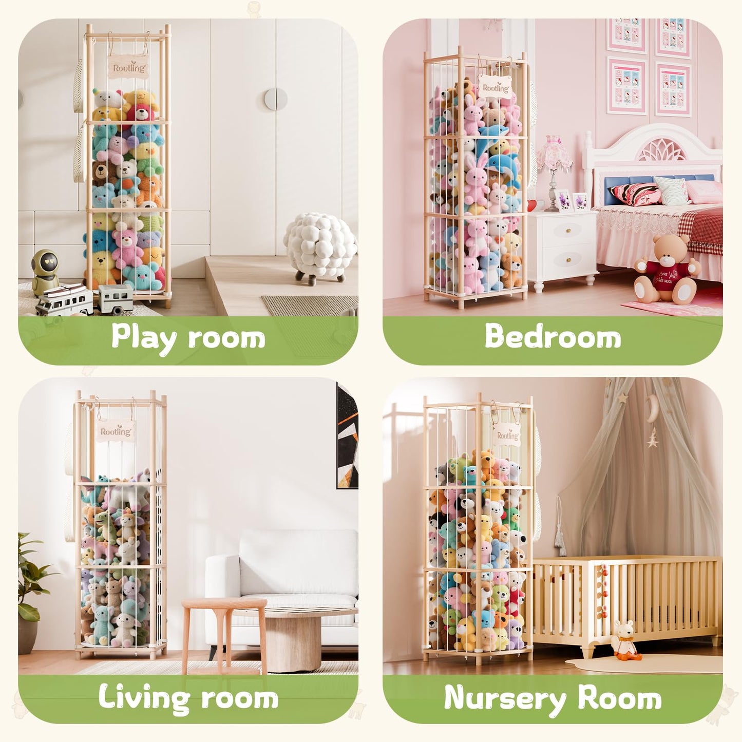 Stuffed Animals Storage & Organizer, 54 inch Tall Wooden Cute Zoo Toy Holder w/Building Block Storage Bag, Premium Wooden Material with Elastic Cord For Toddler Rooms, Playrooms & Bedrooms