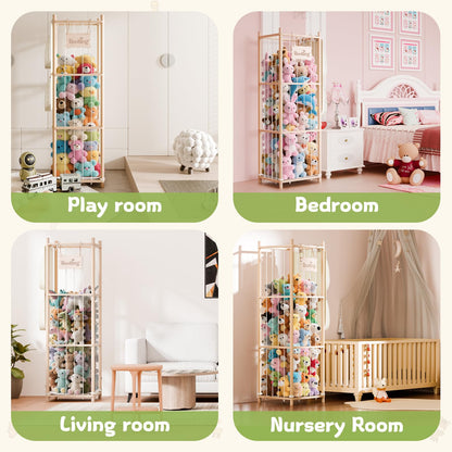 Stuffed Animals Storage & Organizer, 54 inch Tall Wooden Cute Zoo Toy Holder w/Building Block Storage Bag, Premium Wooden Material with Elastic Cord For Toddler Rooms, Playrooms & Bedrooms