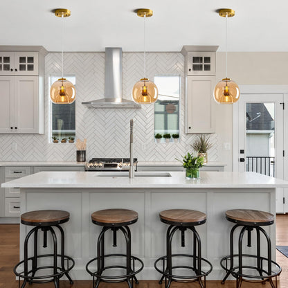 LBSQJ Amber Glass Pendant Lights Kitchen Island Gold Hanging Light Fixture Glass Globe Pendant Light Modern Pendant Lighting for Kitchen Island Bedroom Dining Room (7.87", 1 Pack)