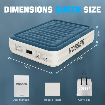 VOSSER Queen Air Mattress with Built-in Pump,Fast & Easy Inflation/Deflation Inflatable Mattress, Foldable Blow Up Mattress with Storage Bag, Inflatable Bed for Home, Camping & Guests