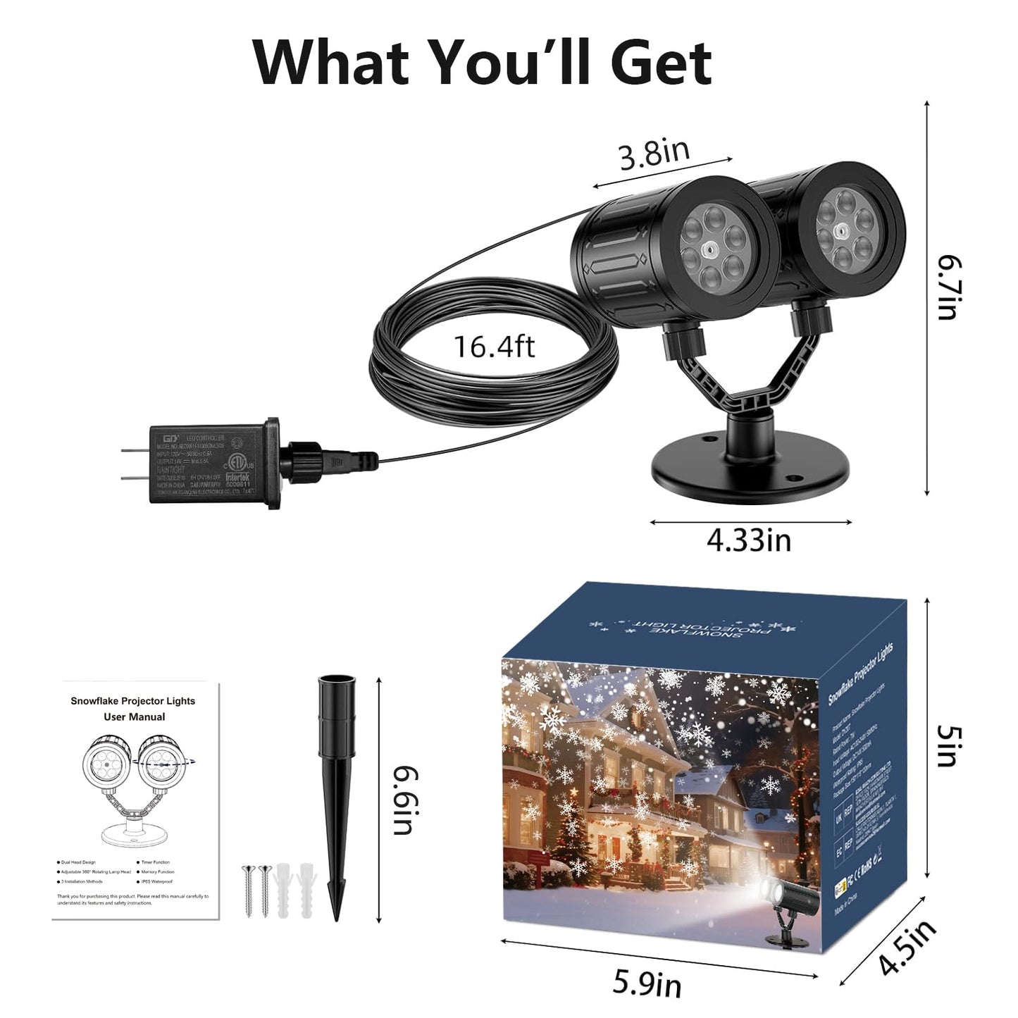 2025 Upgraded Double Head Christmas Snowflake Projector Lights Outdoor, Timing Mode, IP65 Waterproof, 360°Roating LED Christmas Lights, for Xmas Holiday Party Christmas Decoration, Indoor, Houses