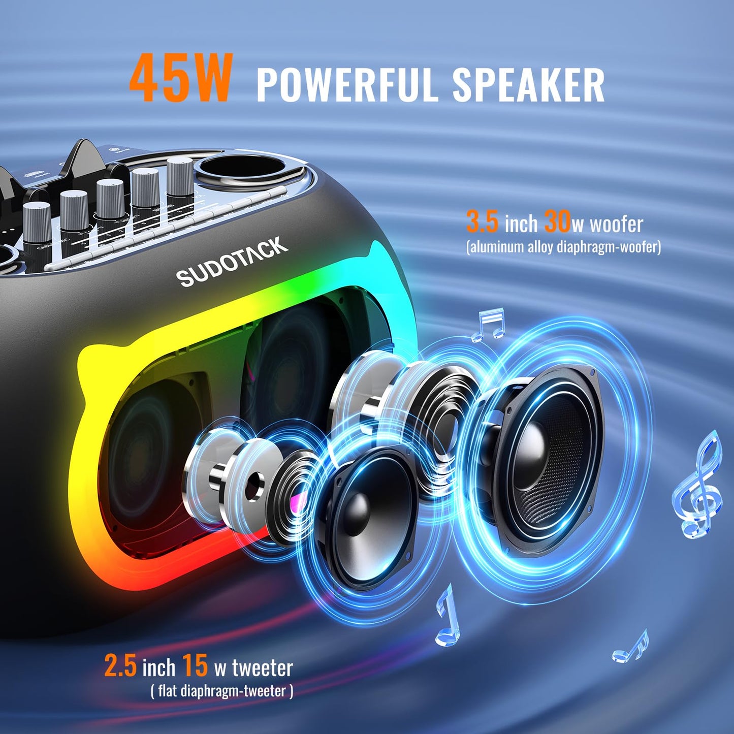 SUDOTACK Karaoke Machine for Adults Kids with 2 Wireless Microphones, Bluetooth PA Speaker System with Echo/Bass/Treble Adjustment for Home Party, Outdoor, Church, Picnic, Birthday Gifts (Space Black)