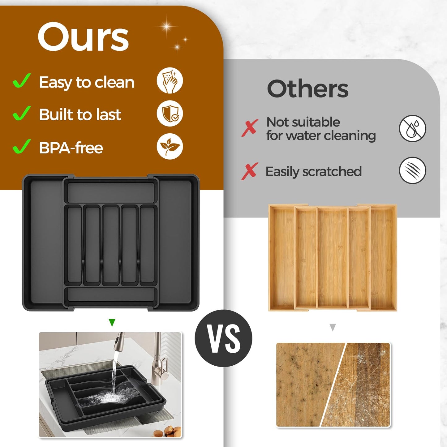 ukeetap Extra Large Expandable Silverware Organizer, BPA-Free Food-Safe Cutlery Flatware Organizer, Kitchen Utensil Drawer Organizer, Adjustable Silverware Holder for Spoons Forks Knives, Black