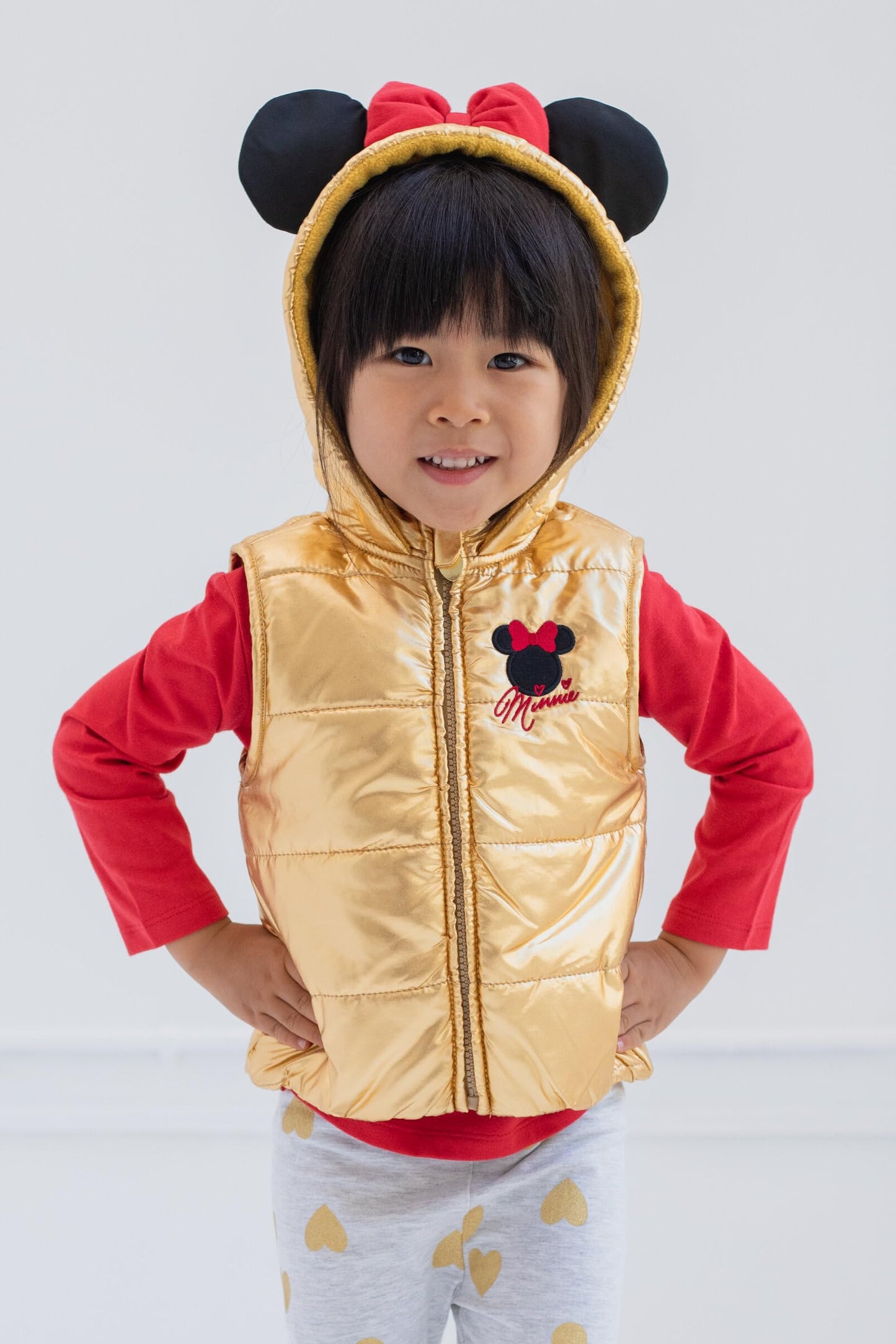 Disney Minnie Mouse Toddler Girls Zip Up Vest Puffer T-Shirt and Leggings 3 Piece Outfit Set Red/Yellow 5T