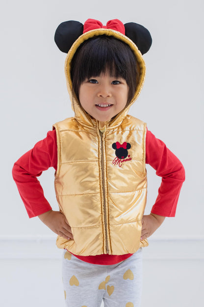 Disney Minnie Mouse Toddler Girls Zip Up Vest Puffer T-Shirt and Leggings 3 Piece Outfit Set Red/Yellow 5T