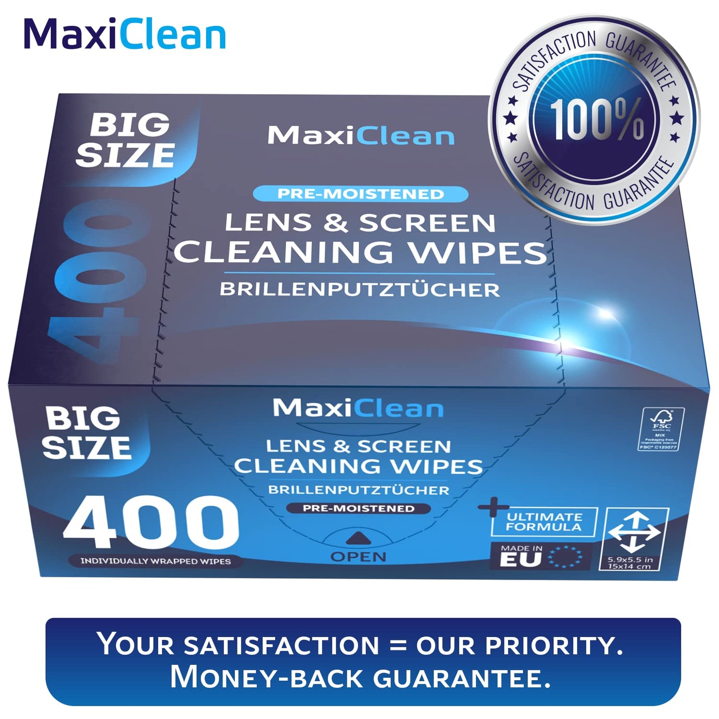Glasses Wipes Lens Cleaner - Lens Wipes for Eyeglasses - 400 Pre-moistened Individually Wrapped Wipes for Eye Glasses, Electronics, Phone, Computer, Laptop Screen - Camera Lens Cleaner - Made in EU