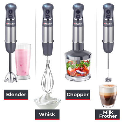 Mueller Multistick 800W 4-in-1 Immersion Blender Handheld, 12 Speed Hand Mixer - Turbo Boost, Heaviest Duty Copper Motor, Titanium Blades Hand Blender, Milk Frother Wand, Whisk, Beaker, Chopper, Grey