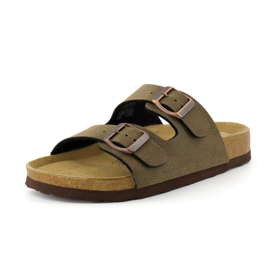 CUSHIONAIRE Lane Cork Footbed Sandals for Women – Comfortable Double Buckle Slip-On with Genuine Suede Footbed & Arch Support Slides for Women Footwear, BROWN 7