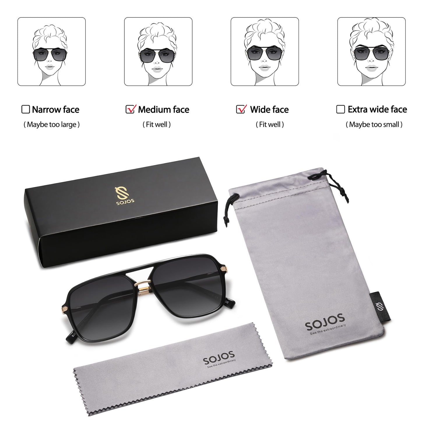 SOJOS Sunglasses for Women & Men, Square, Retro, Polarized Lens, Trendy Aviator, 90s Shades (SJ2229, Black Grey)