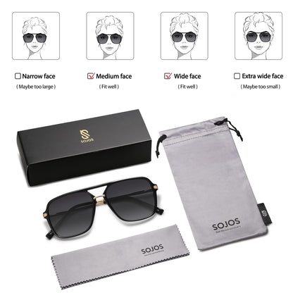 SOJOS Sunglasses for Women & Men, Square, Retro, Polarized Lens, Trendy Aviator, 90s Shades (SJ2229, Black Grey)