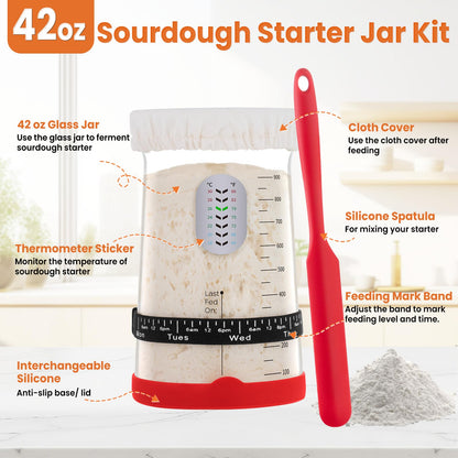 TomCare Sourdough Starter Kit 42 oz Large Glass Starter Jar 10 inch Round Bread Proofing Basket Silicone Baking Mat Tools 10pcs Bread Bags Complete Sourdough Bread Baking Supplies Gifts for Bakers
