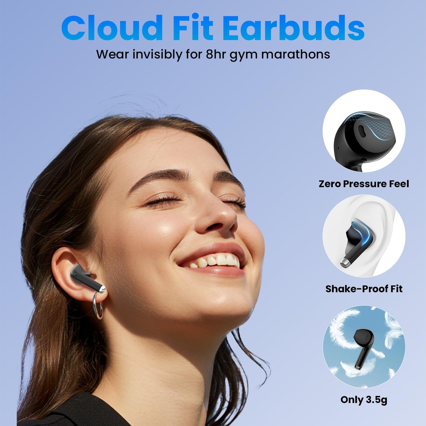 Haqquio Wireless Earbuds, Bluetooth Headphones with Deep Bass Stereo, 48H Playback Ear Buds with LED Power Display, Lightweight, IPX7, in-Ear Earphones with Mic for iPhone/Android/iPad, Black